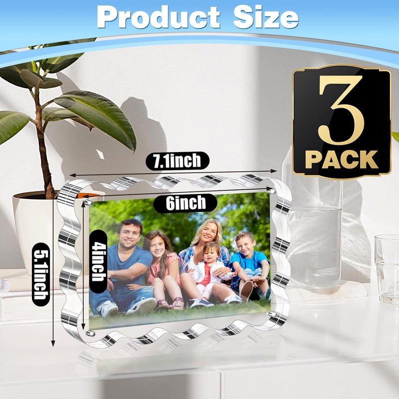 Aheroi Acrylic Picture Frames, 3 Pack 4x6 Clear Scalloped Photo Frame Freestanding Magnetic Double Sided Picture Frames, Transparent Thickened Frameless Acrylic Sign Holder, No Instal, Gifts Choice - Image 2